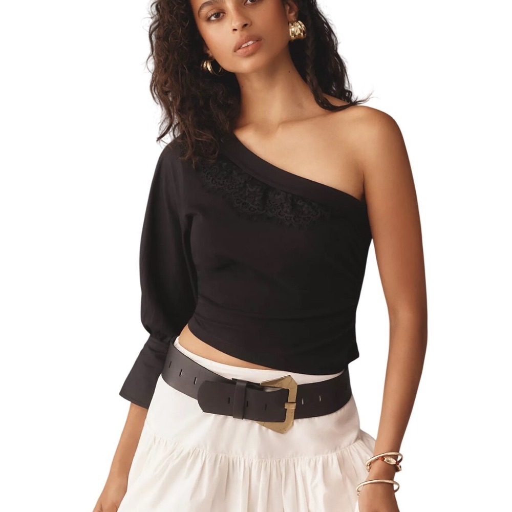 Anthropologie One Shoulder Puff Sleeve Top Size M Black Excellent Lace Trim